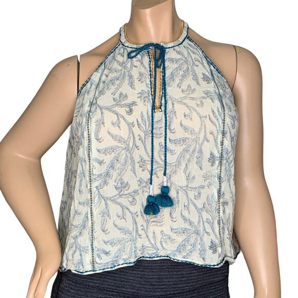 Lovestitch Tops - Lovestitch Halter Top Floral Print Size M Bohemian Green & Beige Stitching Trim